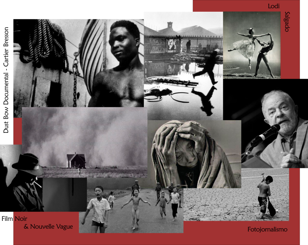 Figure – Memory of photography; Set 1: 2 photographs of Cartier Bresson (black man worker with bare chest, in the background, small vessel hull, mooring ropes and port building wall; record of movement frozen in time - man running over flooded garden, in the background urban environment with cloudy weather); Record 2: Documentary photo recording rural image of the North American region then called “dust-bowl”; Set 3: Sebastião Salgado, old woman in position of constraint with her hands on head and face; Set 4: Lodi, ballet scene with two dancers in motion frozen in time, located on top of a hill, in the background the horizon; Set 5: Journalistic photos - portrait of Luiz Inacio da Silva; ecological record with image of child standing with a shovel, feet sunk in mud devastated by environmental deterioration; children on the run followed by soldiers on the road during the Vietnan war, highlights to nude girl crying in despair with open arms; Set 6: Photography in modern cinema, film-noir image in North-America of the 1940s - man in hat, cigarette in mouth and long coat, leaning against wall, low head making shade into the wall