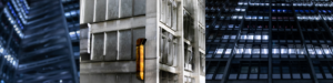 Imagem: Três fotos em perspectiva de prédio em estilo Bauhaus.